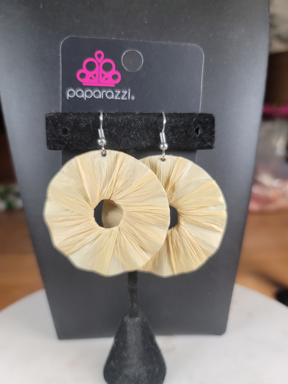 Paparazzi Natural Raffia Ring Drop Earrings - Cream